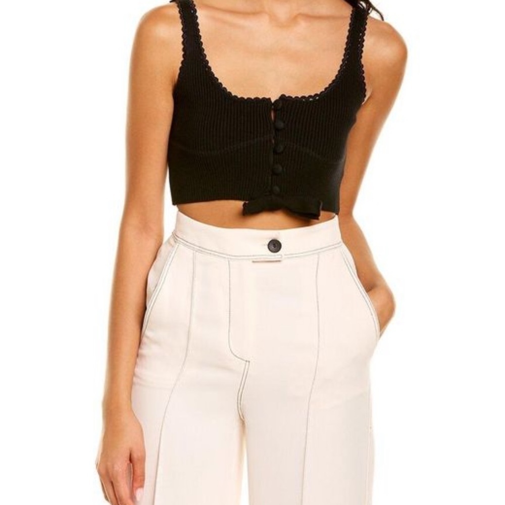 Pointelle knit tie front black crop top